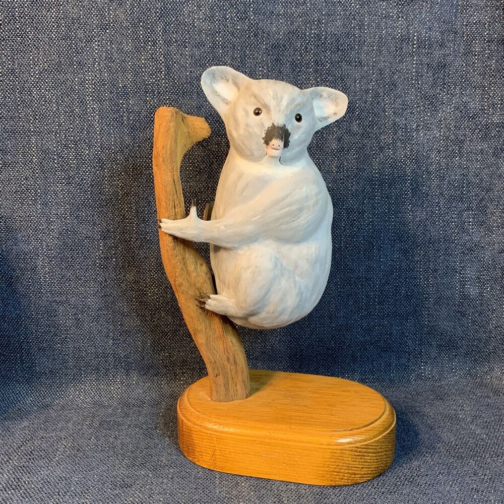 Vintage Hand Carved Koala Bear On Driftwood With Stand Signed Rynier Damaged